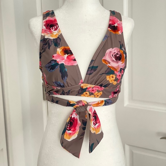 Shade & Shore Olive Floral Wrap Swim Top Small - Picture 3 of 4